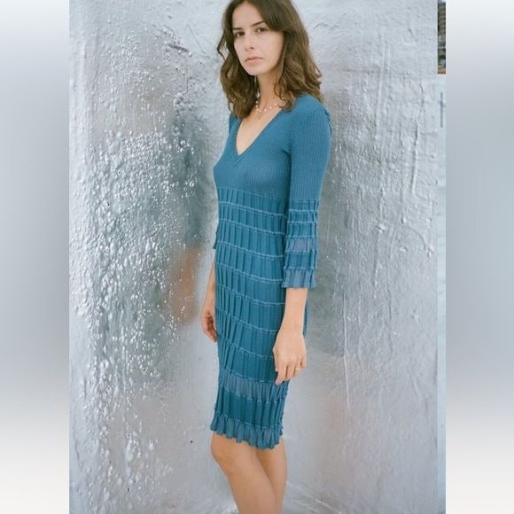 M Missoni || V-Neck Ribbed Knit Dress Blue 42 US 6