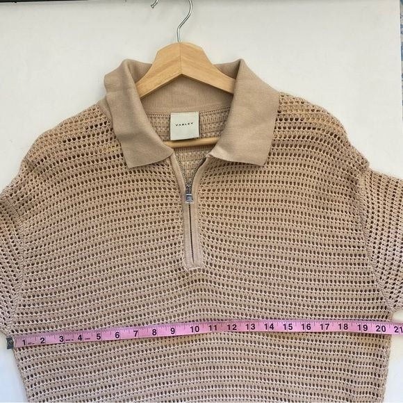 Varley || Clayton Polo Zip Neck Collar Open Weave Crochet Knit Moon Tan XS