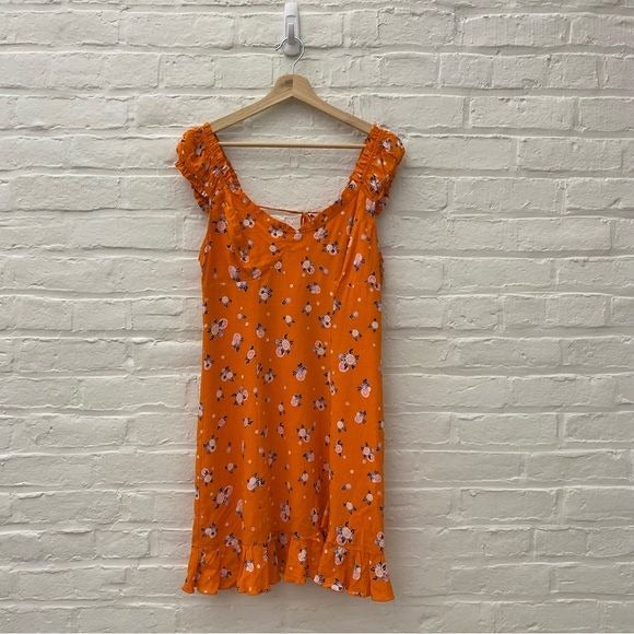 Free People || Like A Lady Floral Ruffle Mini Dress Orange Small Open Back Tie S