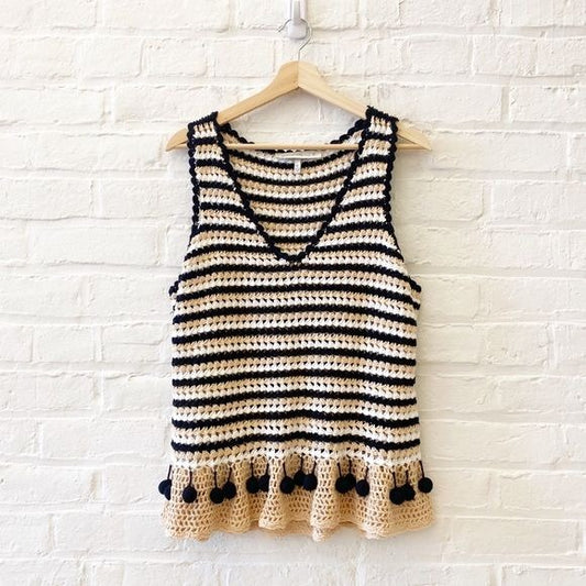 Generation K || Crochet Knit Pom Pop Striped Tank Top Black Tan XL