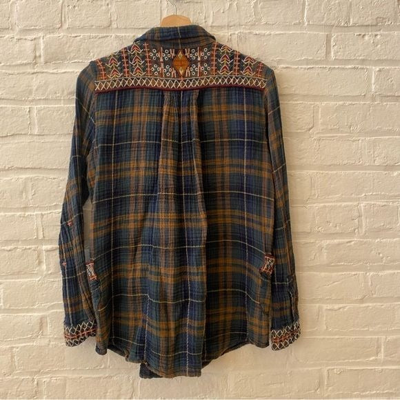 Johnny Was || Workshop Embroidered Plaid Tunic Button Down Floral Blue Small