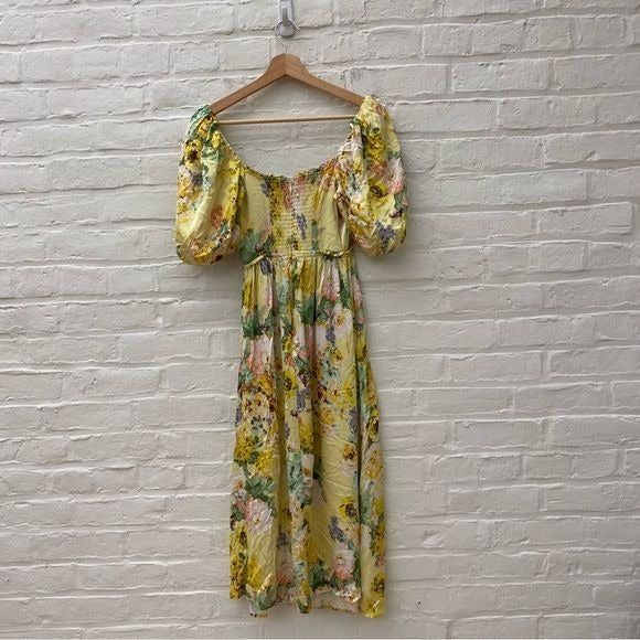 For Love & Lemons || Leigh Floral Midi Dress Plunge V-Wire Yellow Small