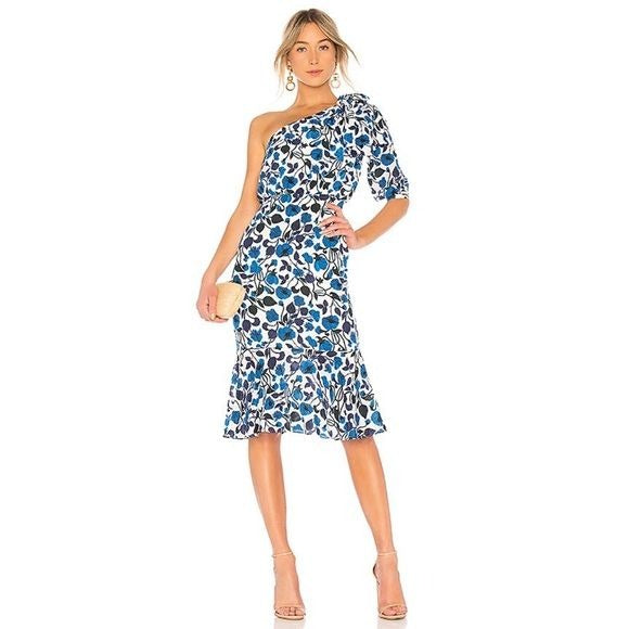 Saloni || Juliet Floral One Shoulder Midi Dress Silk Forget Me Not White Blue 4