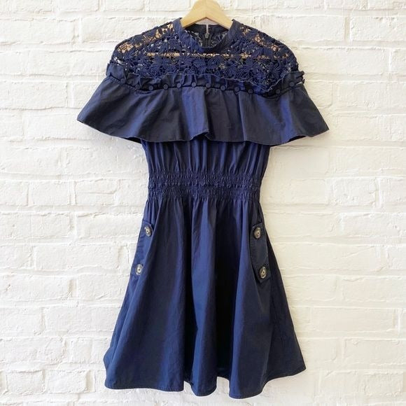 Self-Portrait || Hudson Lace-Yoke Ruffle Smocked Waist Mini Dress Navy Blue 4