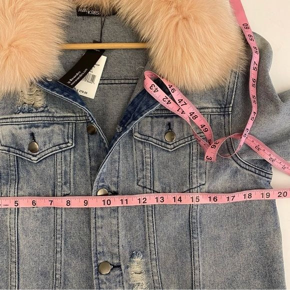 Ava & Kris || Hailey Fox Fur-collar Denim Jacket In Peach Small NWT