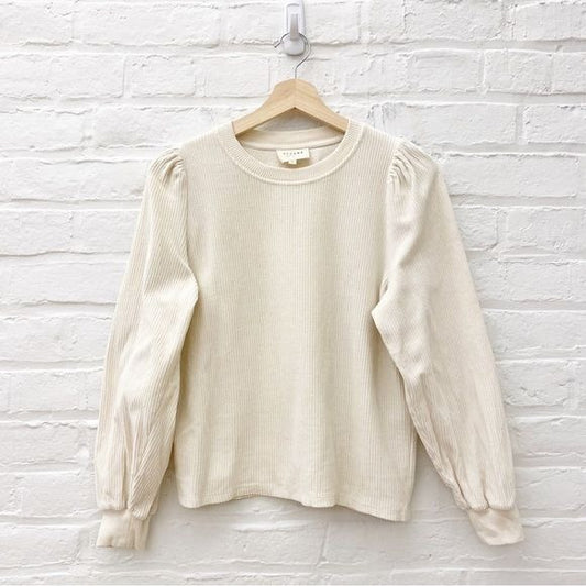 Sezane || Josie Puff Shoulder Top Sweatshirt Ribbed Corduroy Ecru Ivory Small