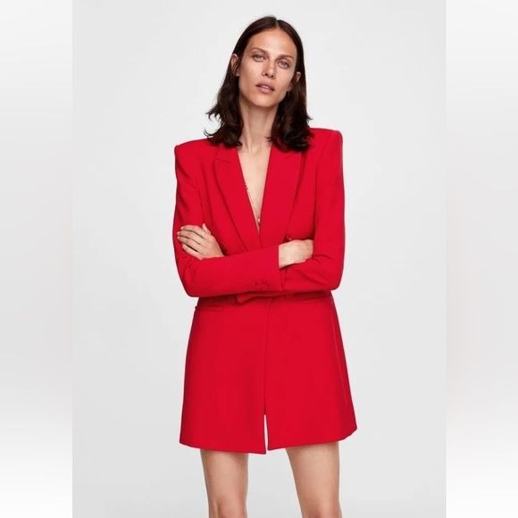 Zara || Longline Double Breasted Blazer / Mini Dress Red XS