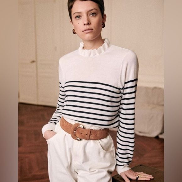 Sezane || Raphael Jumper Breton Stripe High Ruffle Neck Wool Ivory Navy Small