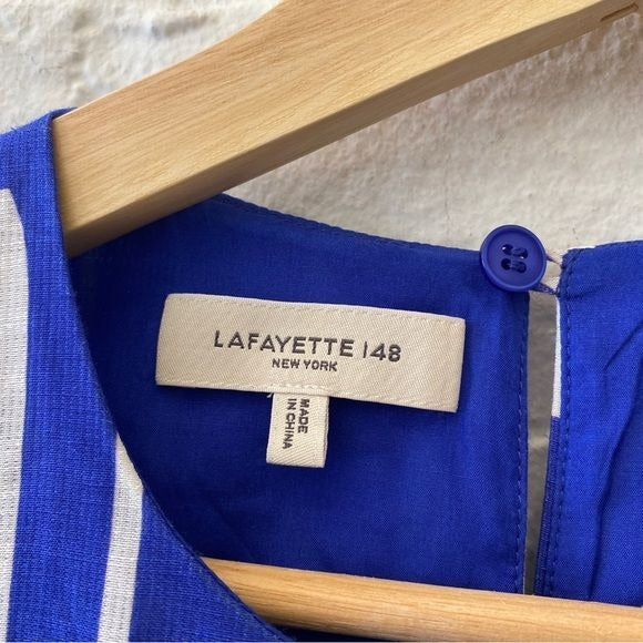 Lafayette 148 New York || Cass Striped Keyhole Dress Linen-Blend Blue Red XXS