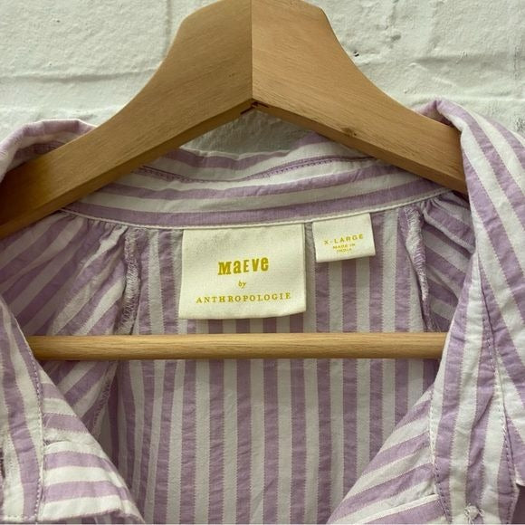 Anthropologie || Maeve Bubble-Sleeve Blouse Button Down Striped Lavender XL