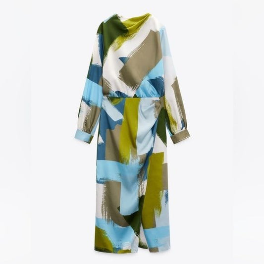 Zara || Long Sleeved Brush Stroke Midi Dress Green Blue Large