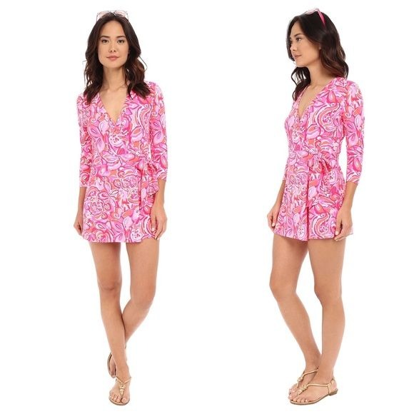 Lilly Pulitzer || Karlie Wrap Romper in Mango Salsa Pink Medium