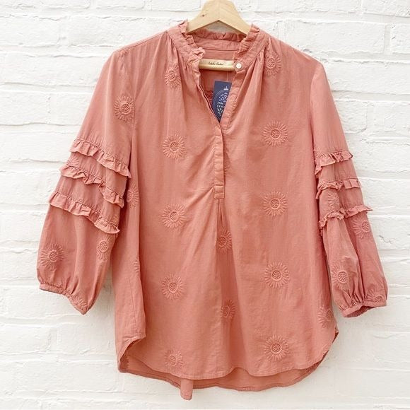 Anthropologie || Isabella Sinclair Embroidered Boho Peasant Blouse Pink Coral S