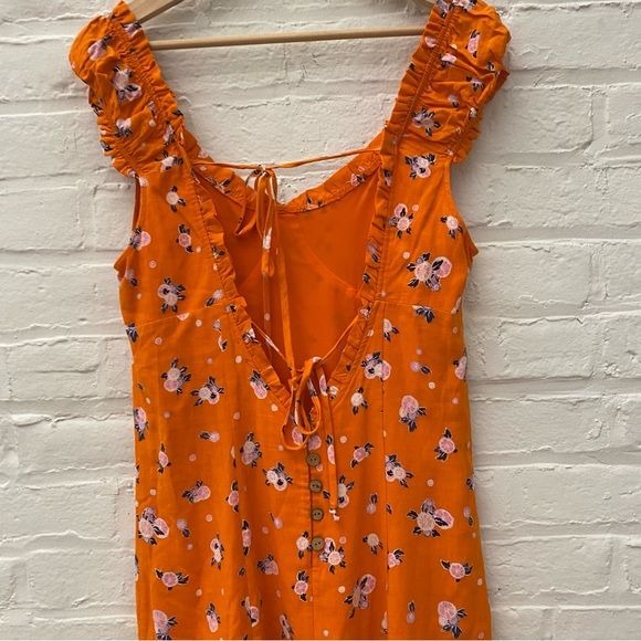 Free People || Like A Lady Floral Ruffle Mini Dress Orange Small Open Back Tie S