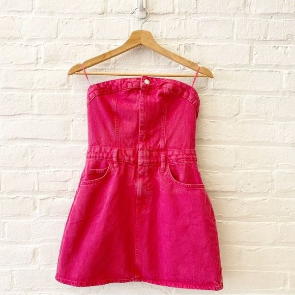 Zara || Strapless Denim Mini Dress Overdyed Hot Pink Medium NWT