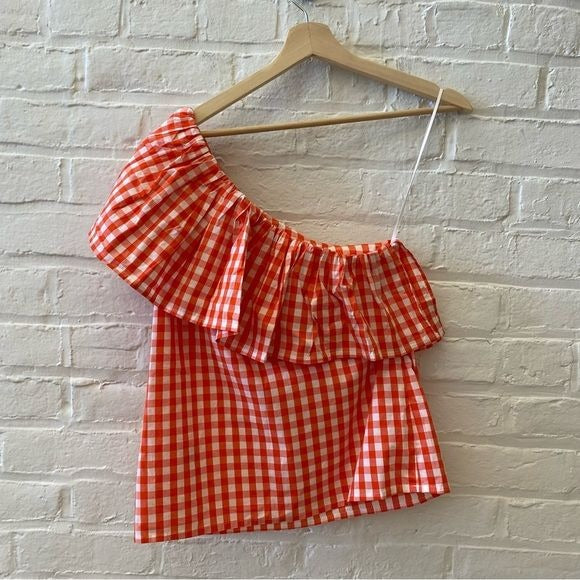 J. Crew || Cotton Poplin Ruffle-shoulder Top One Shoulder Gingham Red 0 NWT