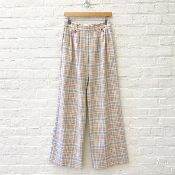 Sezane || Loulou Trousers Wide Leg Pants Wool Plaid Ivory Blue Pink 36 US 4