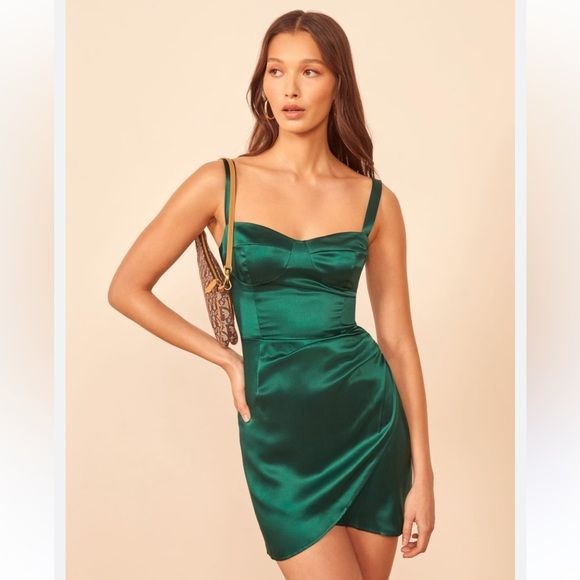 Reformation || Fonda Corset Silk Mini Dress Emerald Green 8