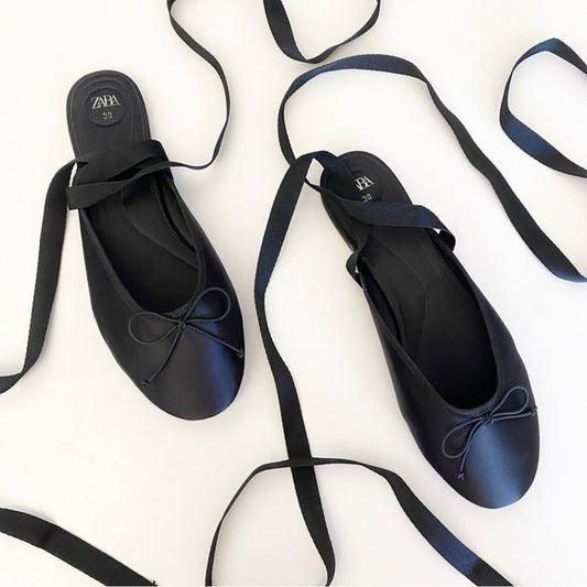 Zara || Satin Lace Up Ballerina Ballet Flats Black 38