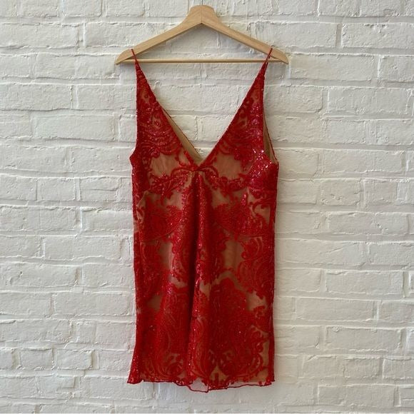 Free People || Night Shimmers Sequined Lace Mini Dress Red 10 NWT