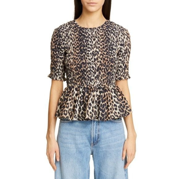 GANNI || Smocked Peplum Top Leopard Print Cotton + Silk 36 EU US 4