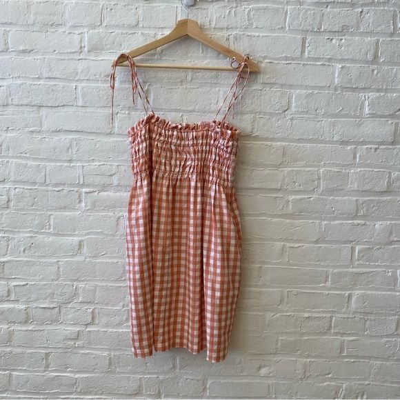 The Impeccable Pig || Smocked Tie Shoulder Mini Dress Ping Gingham Pockets M