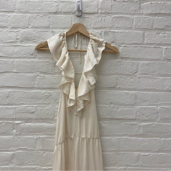 Amanda Uprichard || Silk Ruffle Halter Maxi Dress Off White Small