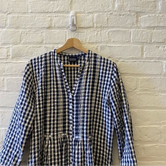 Madison Mathews || Juliette Cotton Shirtdress Mini Dress in Navy Gingham Large