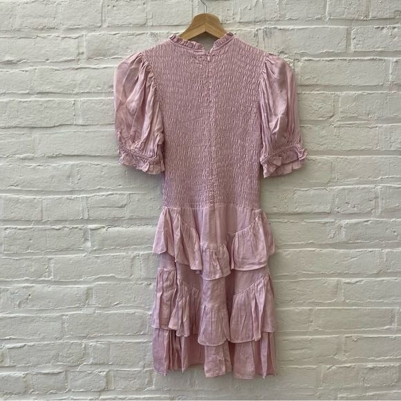 Olivaceous || Smocked Tiered Ruffle Mini Dress Satin Pink Small