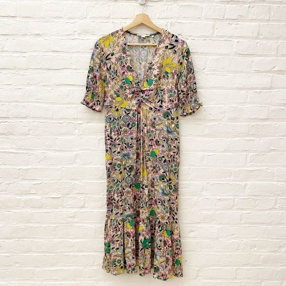 Boden || V-Neck Midi Tea Dress Tropic Meadow Lemons 8R