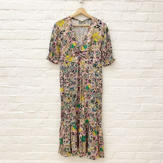 Boden || V-Neck Midi Tea Dress Tropic Meadow Lemons 8R