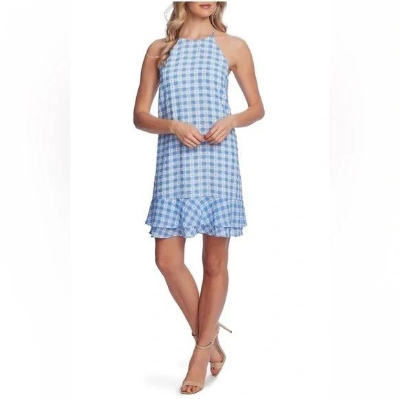 CeCe by Cynthia Steffe || Gingham Swiss Dot Ruffle Dress Blue White M NWT