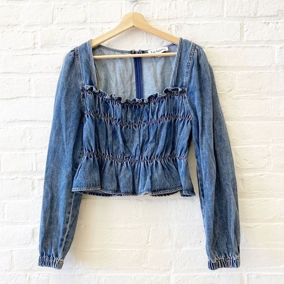 En Saison || Palais Ruched Denim Long Sleeve Blouse Top Blue Medium