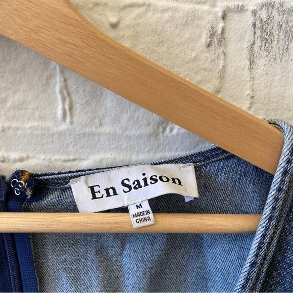 En Saison || Palais Ruched Denim Long Sleeve Blouse Top Blue Medium