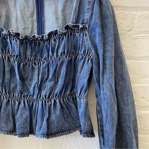 En Saison || Palais Ruched Denim Long Sleeve Blouse Top Blue Medium