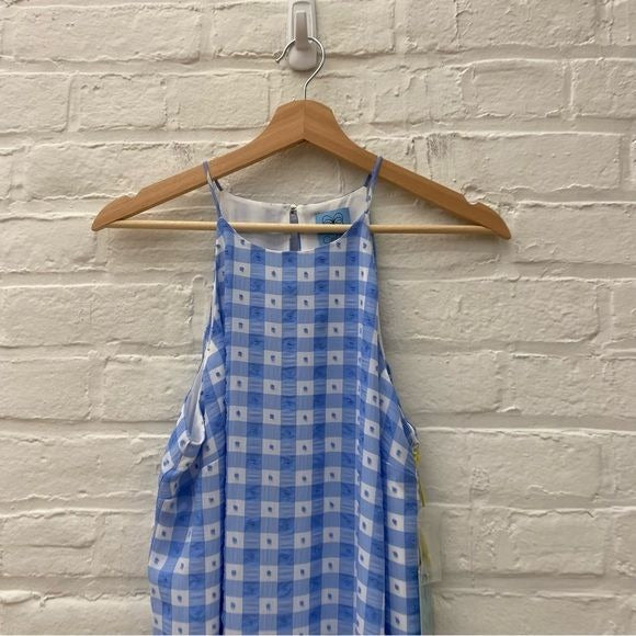 CeCe by Cynthia Steffe || Gingham Swiss Dot Ruffle Dress Blue White M NWT