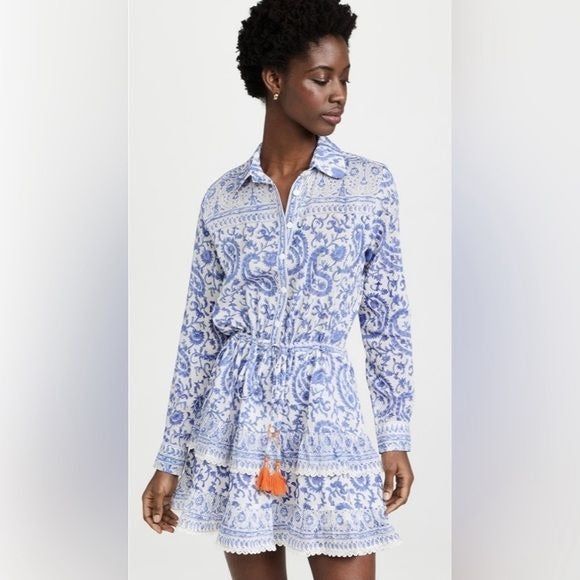 Bell by Alicia Bell || Blake Tiered Shirtdress Mini Dress Tassels Blue White XS