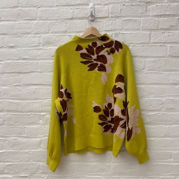 Anthropologie || Floral Mockneck Pullover Sweater Yellow XL