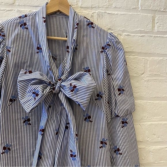 Pearl By Lela Rose || Pussybow Neck Tie Blouse Striped Embroidered Shirt Blue 00