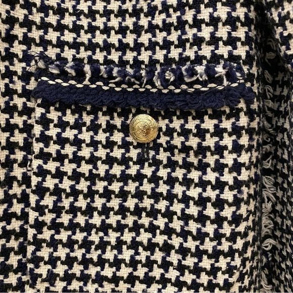 Zara || Houndstooth Tweed Fringe Blazer Navy Blue White Small