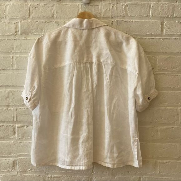 Anthropologie || Boxy Linen Button Down Short Sleeve Top White Small