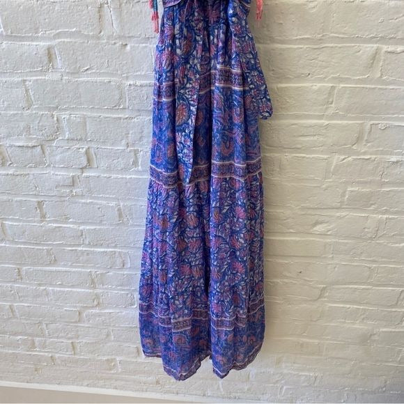 Bell by Alicia Bell || Maya Maxi Dress Block Print Belted Tassels Silk Blue S