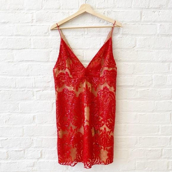 Free People || Night Shimmers Sequined Lace Mini Dress Red 10 NWT