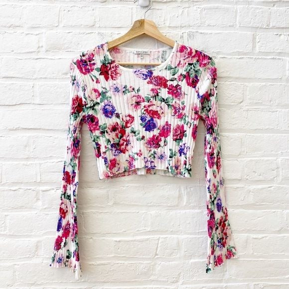 Ronny Kobo || Magda Ribbed Floral Crop Top Bell Sleeve White Pink Medium