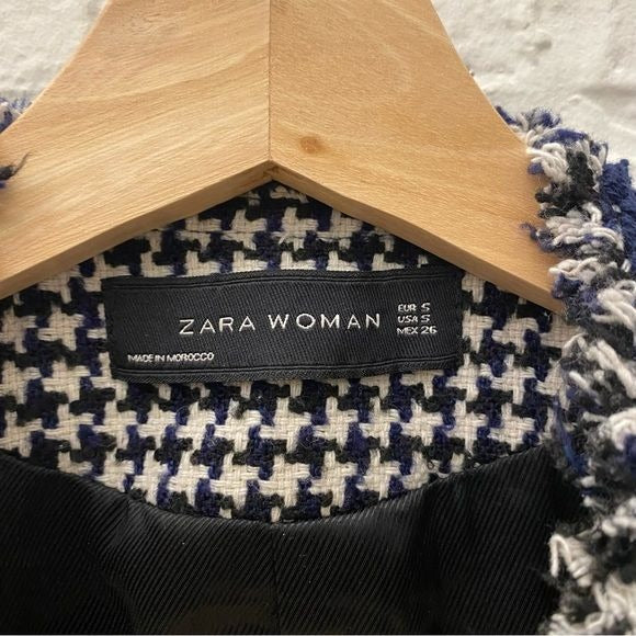 Zara || Houndstooth Tweed Fringe Blazer Navy Blue White Small