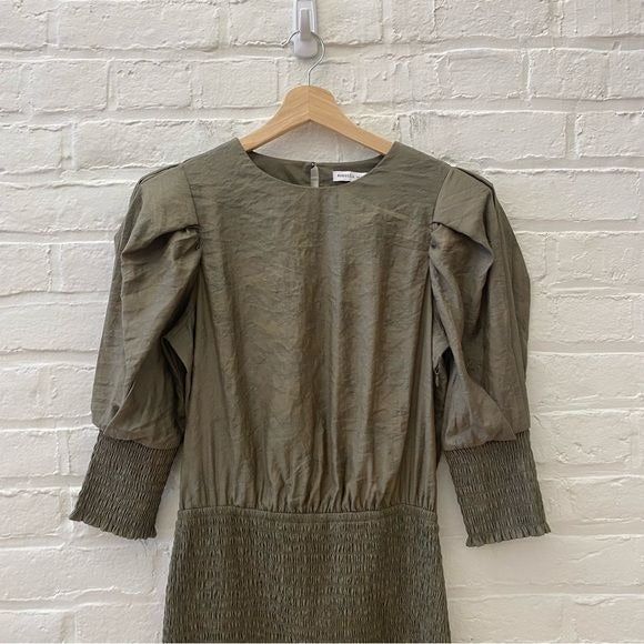 Rebecca Minkoff || Geneva Smocked Puff Sleeve Dress in Army Green Medium