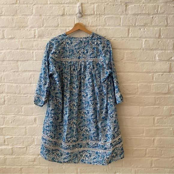 Popie's || Liberty Cotton Island Dress Tunic Floral Ladder Stitch Blue M/L