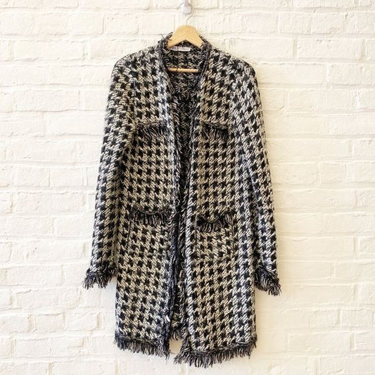 Zara || Houndstooth Tweed Long Sweater Cardigan Jacket Topper Black Small