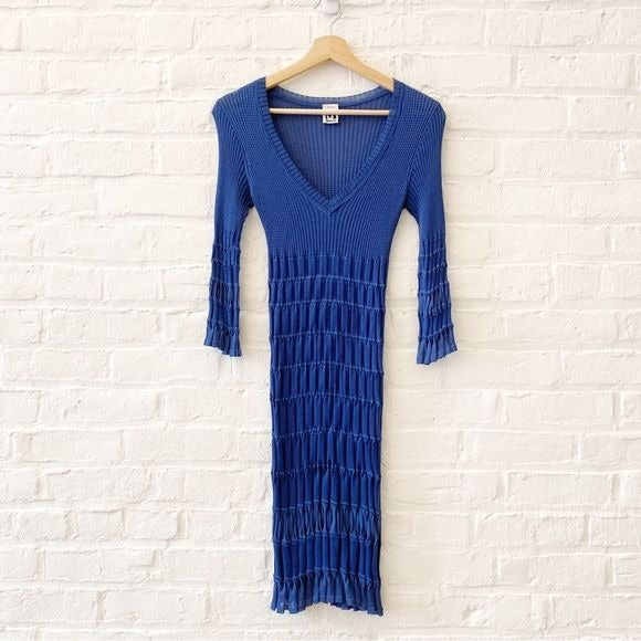 M Missoni || V-Neck Ribbed Knit Dress Blue 42 US 6