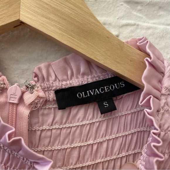 Olivaceous || Smocked Tiered Ruffle Mini Dress Satin Pink Small